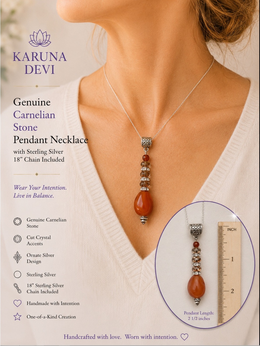 Carnelian Genuine Stone Pendant Necklace, 18” sterling silver chain incl